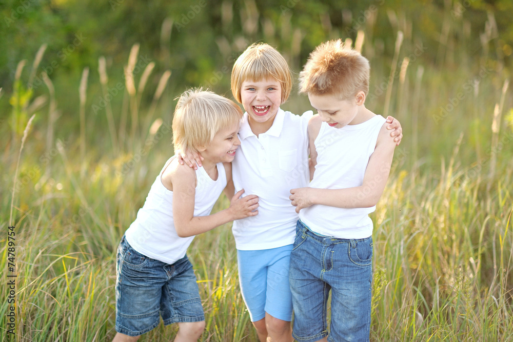 three children playing on meadow in summer three children playing on meadow in summer