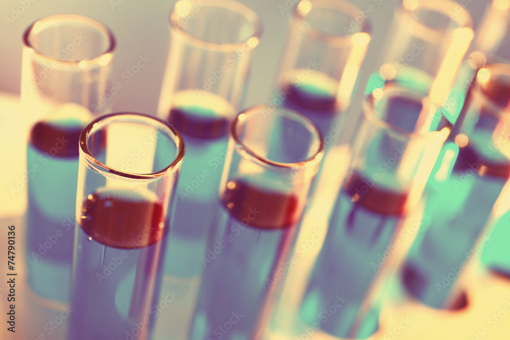 Test-tubes filled with color fluid close-up Test-tubes filled with color fluid close-up