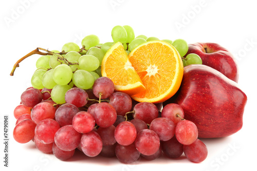 Grape, apples and orange isolated on white background