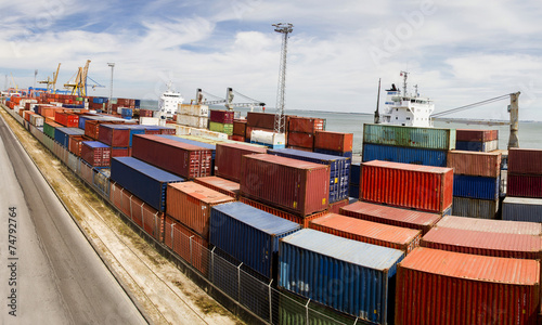 View of cargo container docks located in Lisbon, Portugal.