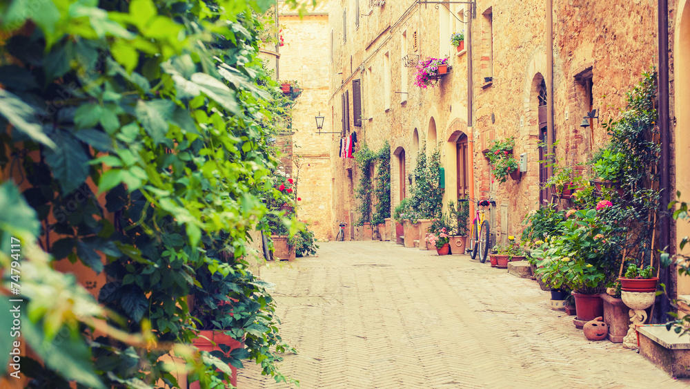 Old street in Pienza, a Renaissance town in northern Tuscany, It