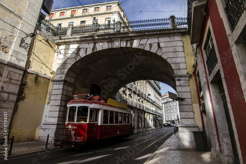vintage electric trams circulating in Lisbon, Portugal.