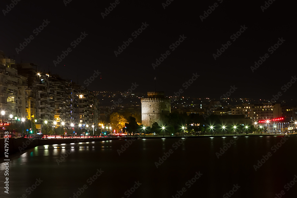 Thessalokini seafront with lights and reflections in the evening