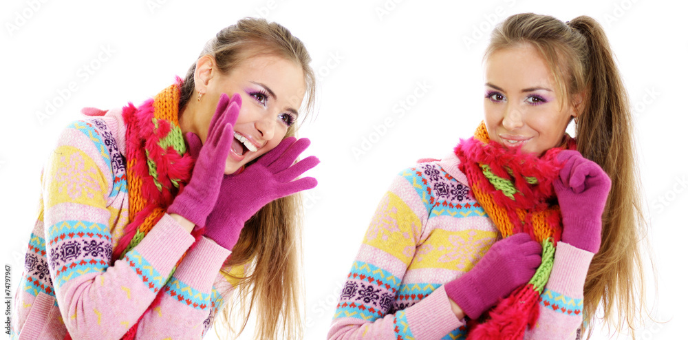 Collage, Two beautiful happy woman in a knitted jacket Collage, Two beautiful happy woman in a knitted jacket