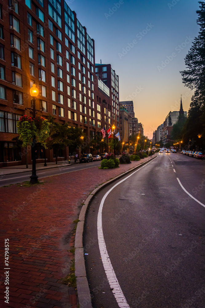Boylston Street at twilight, in Boston, Massachusetts.