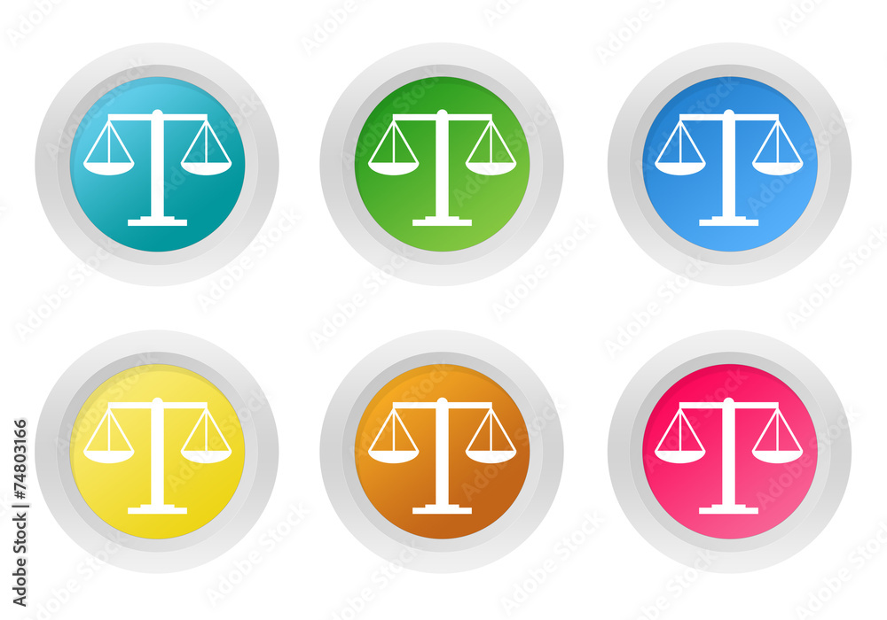 Set of rounded colorful buttons with legal symbol Set of rounded colorful buttons with legal symbol
