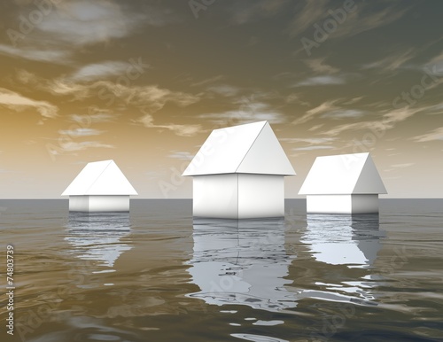 3d white houses under water, natural catastrophes photo