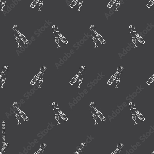 Vector hand drawn champagne bottle black and white seamless pattern