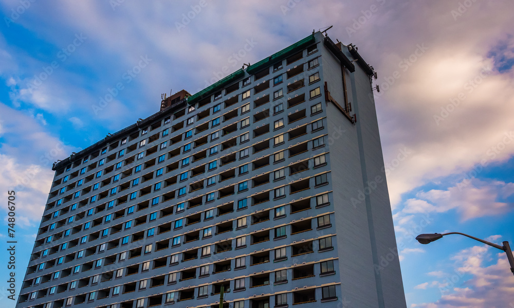 Highrise and streetlight in Baltimore, Maryland.