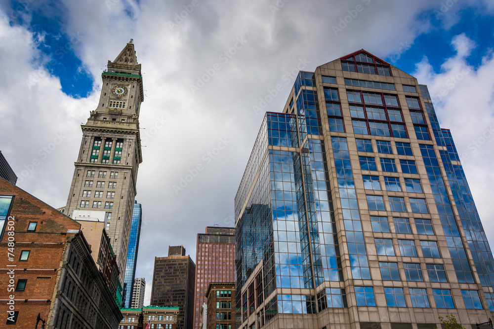 Modern building and clock tower in Boston, Massachusetts.