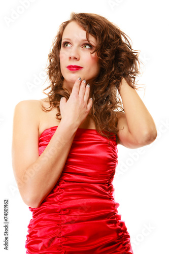 Portrait pretty thoughtful woman curly hair isolated
