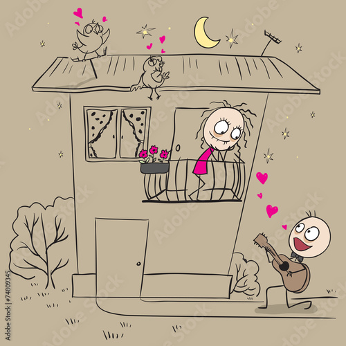 Guy plays guitar and sings a serenade his girlfriend
