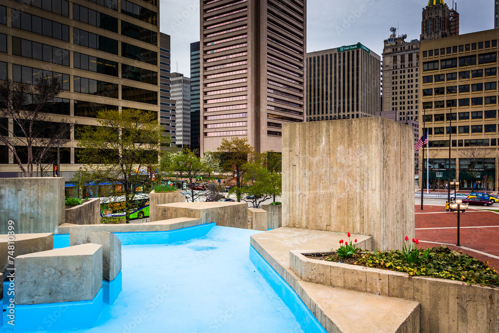Pools and gardens at McKeldin Square in Baltimore, Maryland.