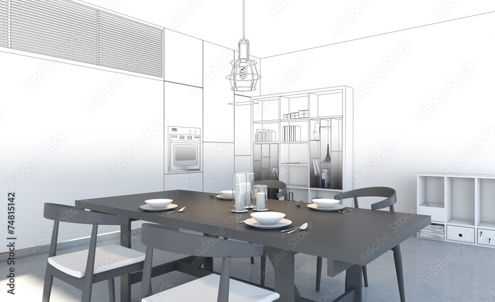 sketch design of dining ,3dwireframe render sketch design of dining ,3dwireframe render