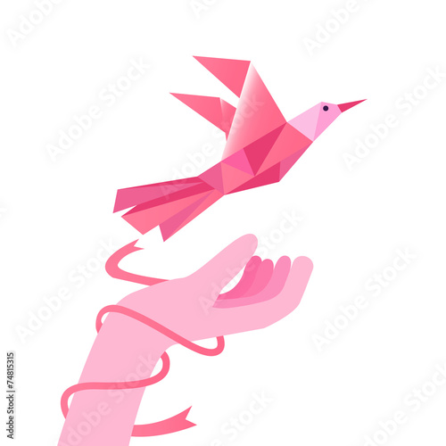 Geometric pink bird with hand and pink ribbon. Flat design