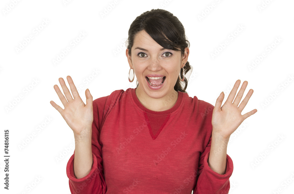 pretty young girl wearing red top posing with hands up gesturing pretty young girl wearing red top posing with hands up gesturing