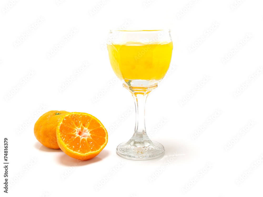 orange juice and slices on white background
