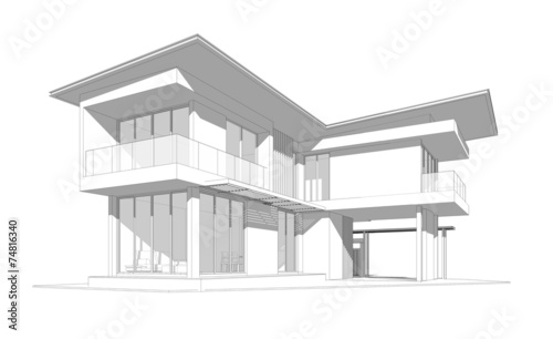 Abstract wireframe of building, 3D render 