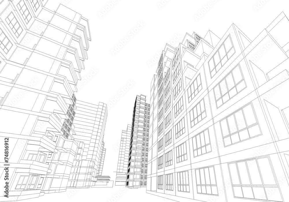 Fototapeta premium Perspective 3D render of Aerial view of city buildings