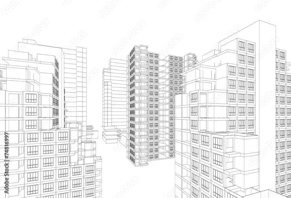 Perspective 3D render of Aerial view of city buildings 
