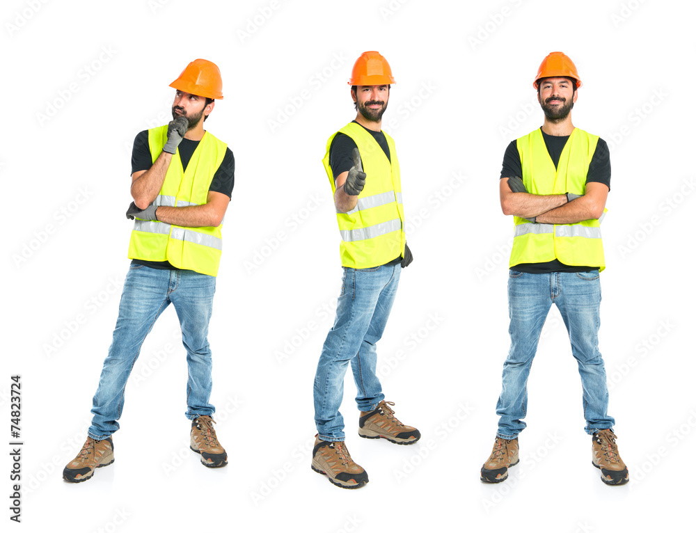 Workman thinking over isolated white background Workman thinking over isolated white background