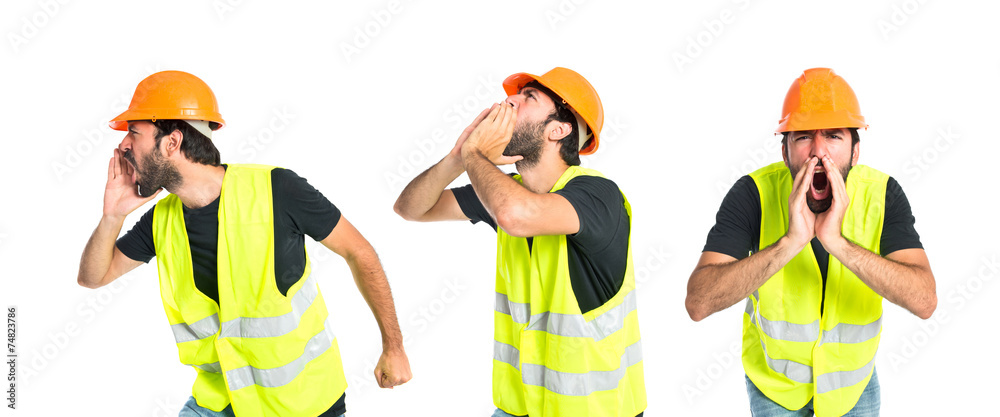 Workman shouting over isolated white background Workman shouting over isolated white background