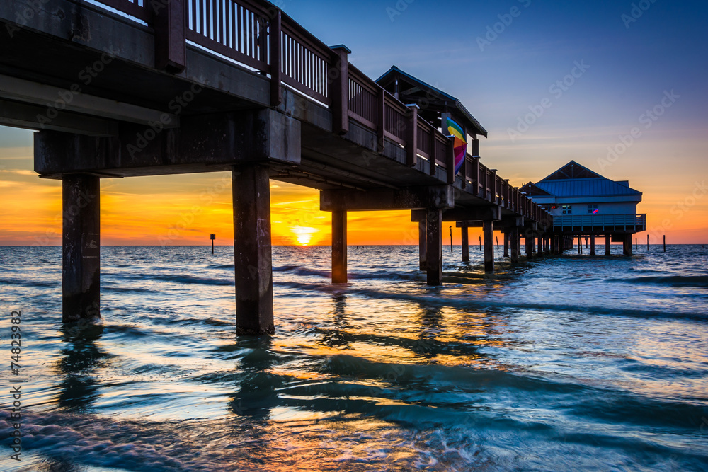 Fishing pier in the Gulf of Mexico at sunset,  Clearwater Beach,