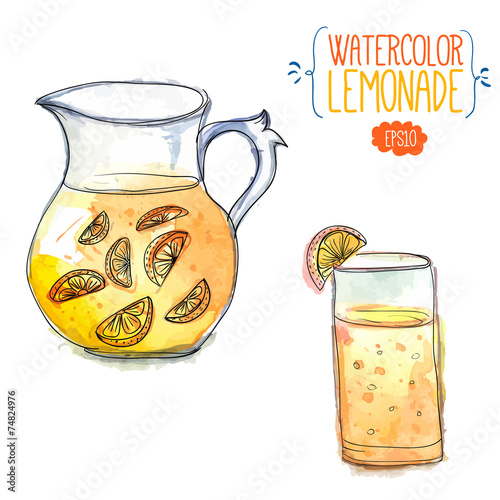 Jug of lemonade with glass of orange juice