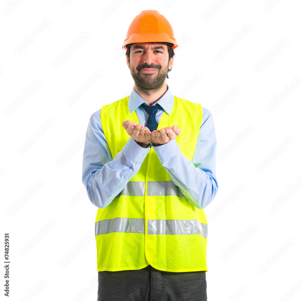 worker holding something over white background worker holding something over white background