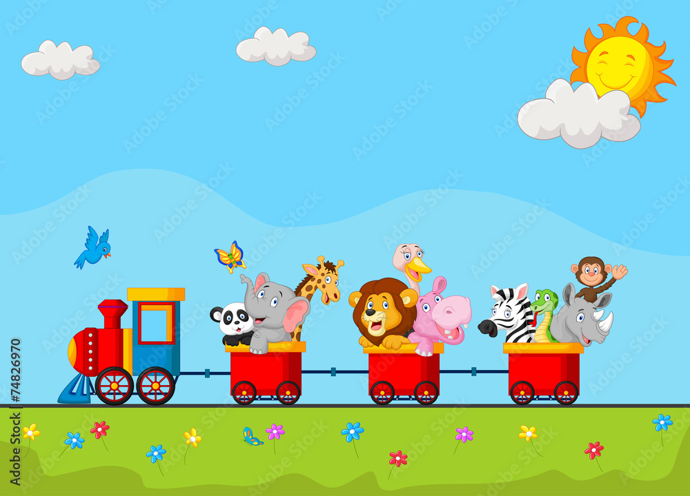 Naklejka Urodzinowy tło z szczęśliwym zwierzęciem na pociągu
