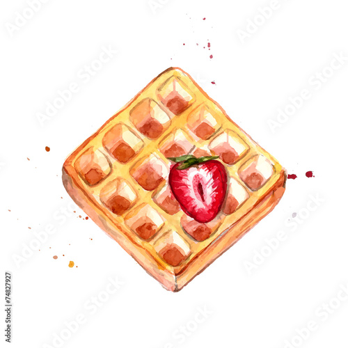 Belgian waffle with red strawberry watercolor illustration.