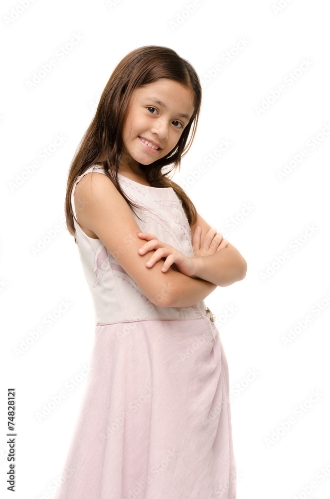Little girl portrait on pink dress smiling on white background Little girl portrait on pink dress smiling on white background