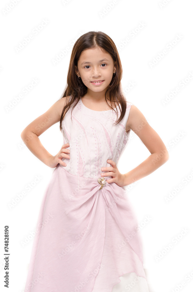 Little girl portrait on pink dress smiling on white background Little girl portrait on pink dress smiling on white background