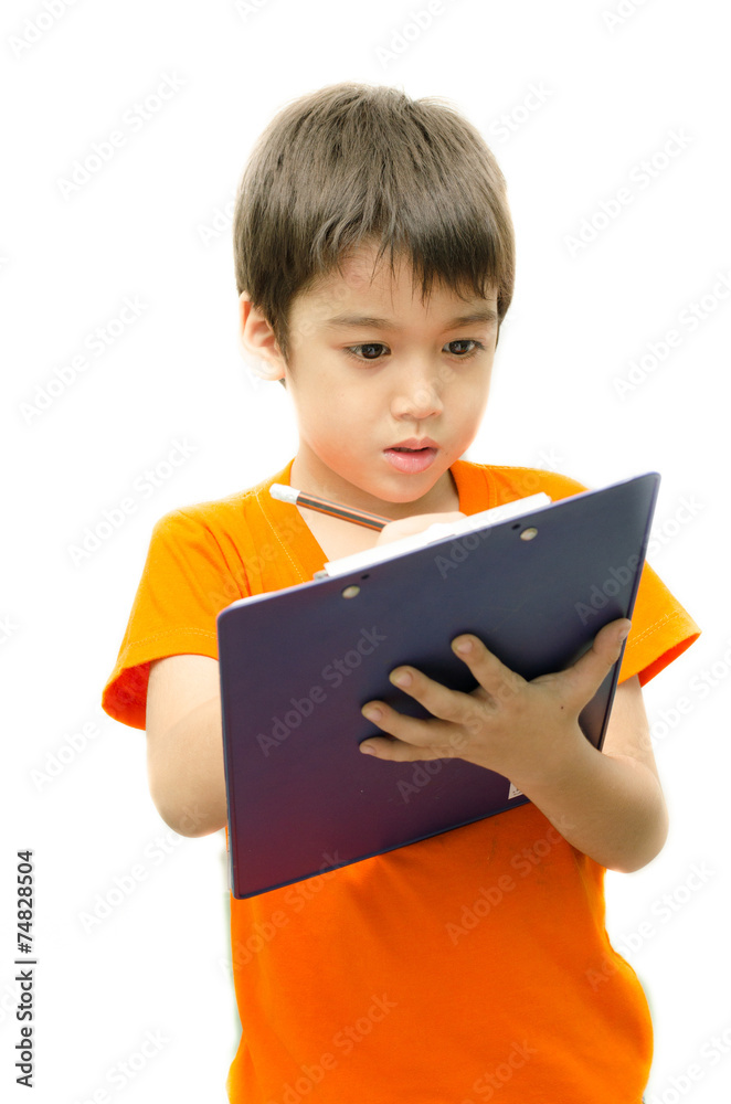 Little boy writing paper by pencil on white background Little boy writing paper by pencil on white background