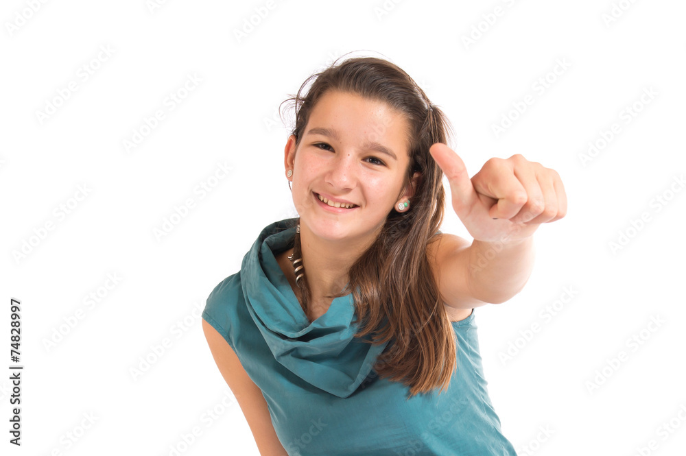 Girl doing victory gesture over white background Girl doing victory gesture over white background