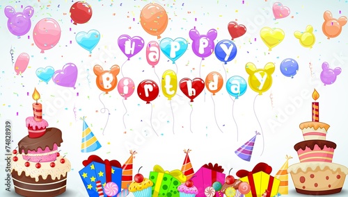 Birthday background with colorful balloon and birthday cake