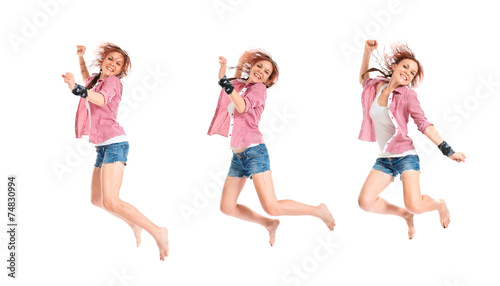 Woman jumping over isolated white background
