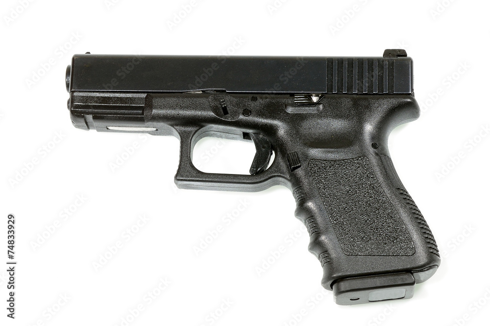 Automatic handgun on white background.