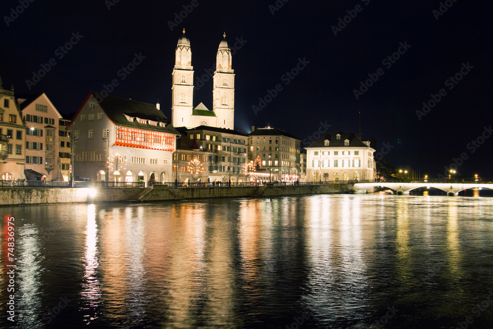Zurich city at night in Switzerland