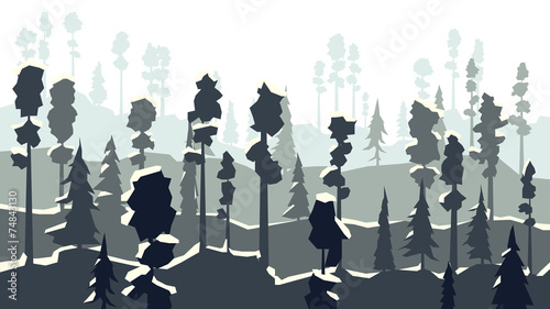 Cartoon of winter coniferous forest in in dark blue tone.