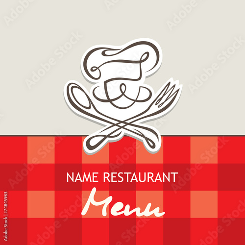 menu design with whiskered cook and kitchenware