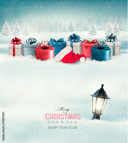 Winter Christmas background with presents and a lantern buried i