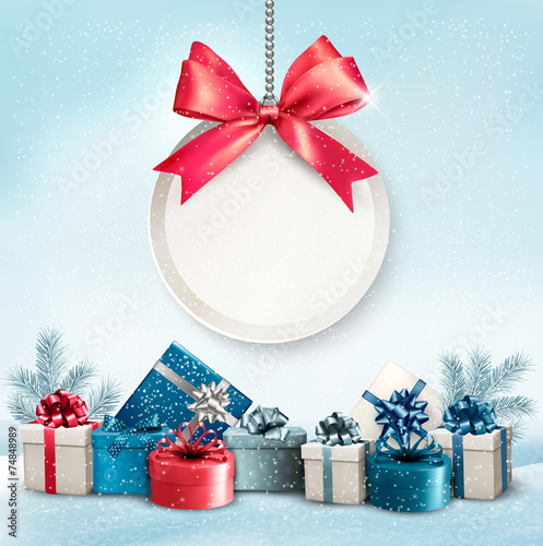 Christmas presents with a label and a ribbon. Vector.