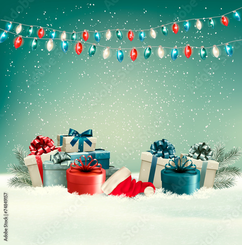Winter christmas background with gifts and a garland. Vector.