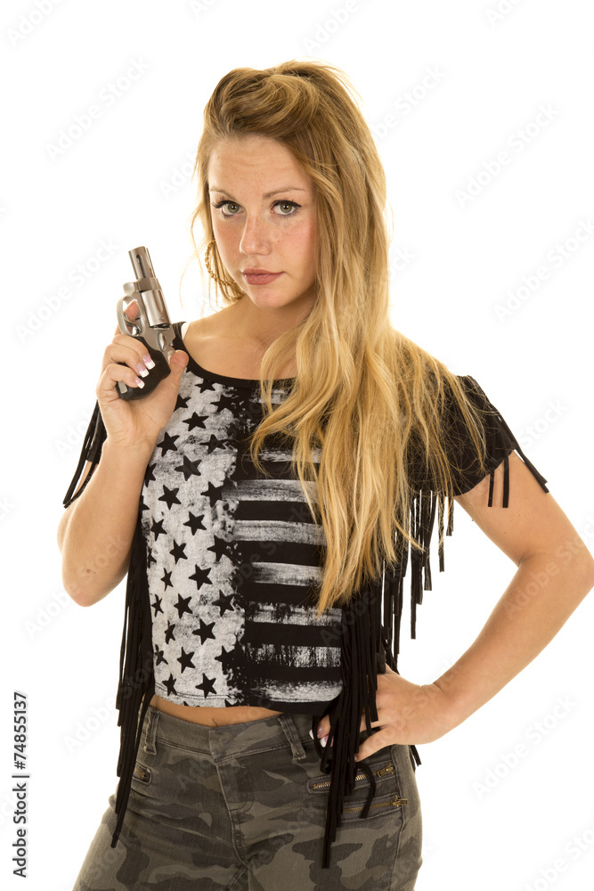 woman black star shirt gun point up woman black star shirt gun point up