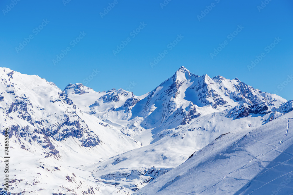 Winter landscape of mountains, Tignes, France.
