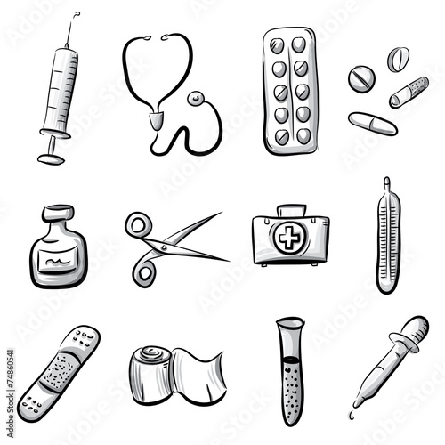 Hand drawn medical, healthcare and medicine doodle icons vector illustration set.