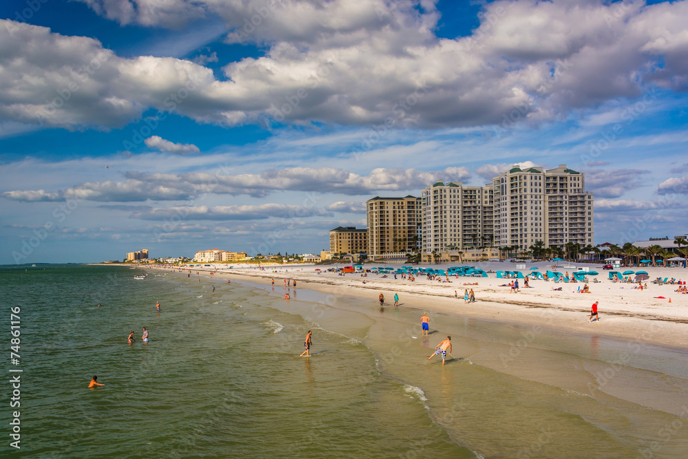 View of beachfront hotels and the beach from the fishing pier in