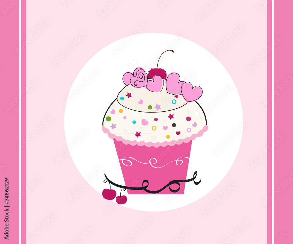 Pink cup cake greeting card vector background Pink cup cake greeting card vector background