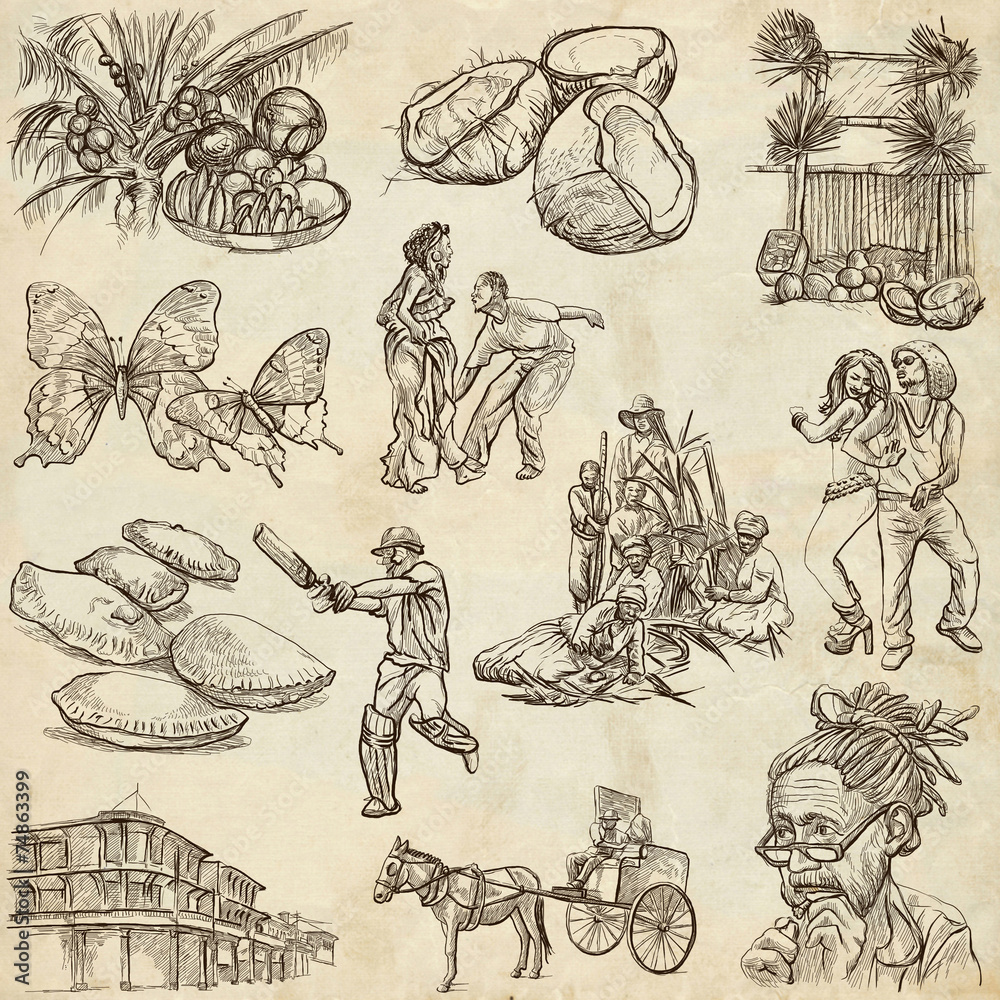 Fototapeta premium Jamaica Travel - Full sized hand drawn pack on paper